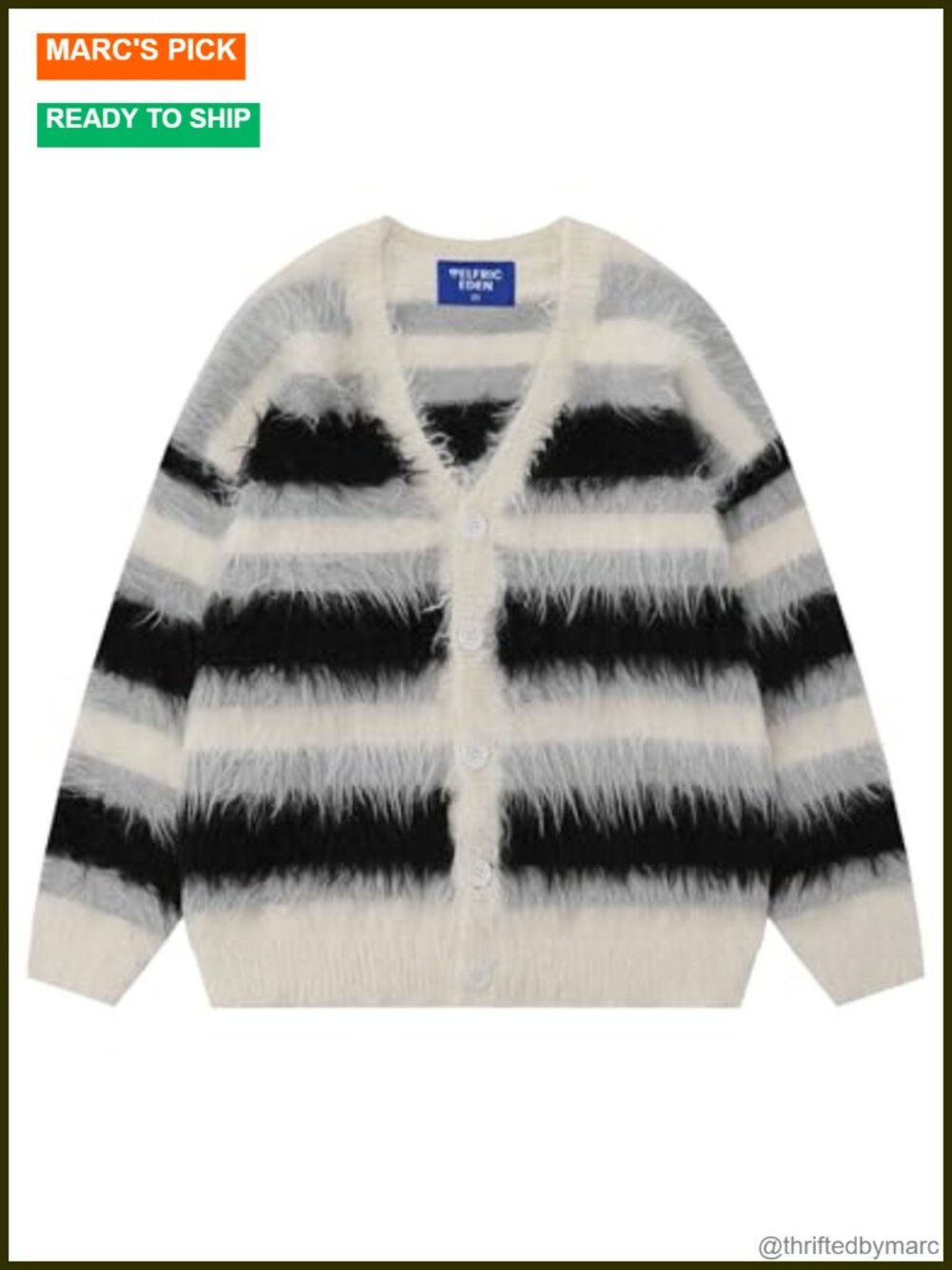 Fuzzy Color Block Striped V-Neck Button Down Knit Cardigan Oversized